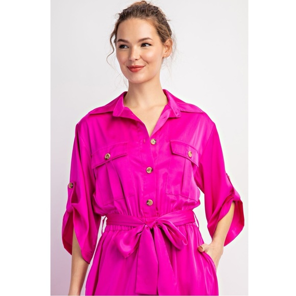 200 • Fuchsia Pink Satin Palazzo Jumpsuit - Picture 9 of 10